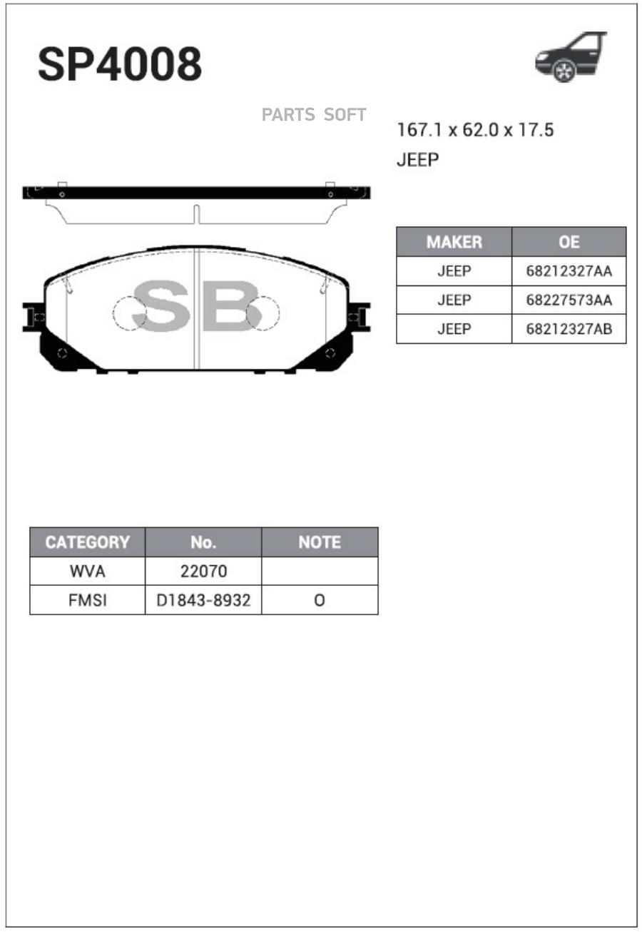 

Колодки передние JEEP CHEROKEE (KL) 2014- SP4008 SANGSINBRAKE, SP4008