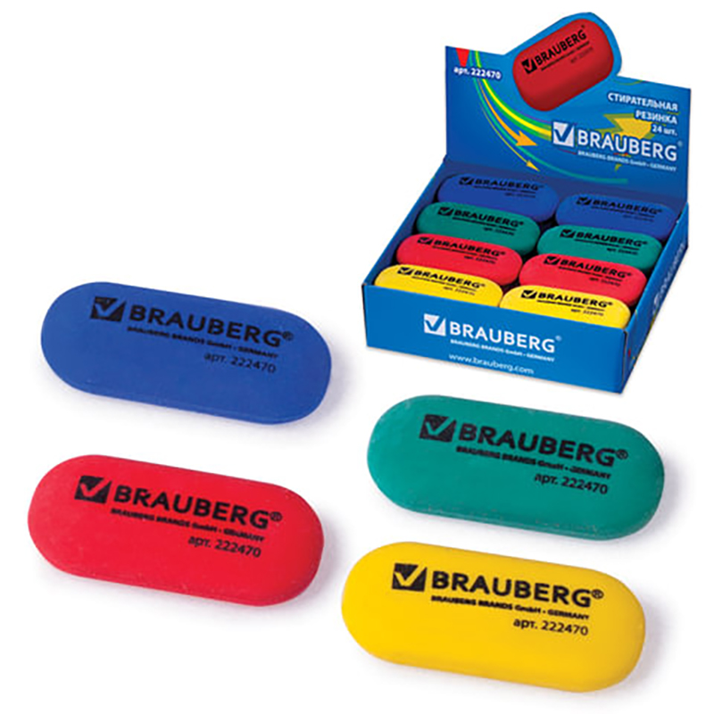 

Ластик BRAUBERG, 55х23х10 мм, цвет ассорти, овальный, 222470, Разноцветный, eraser-s-33