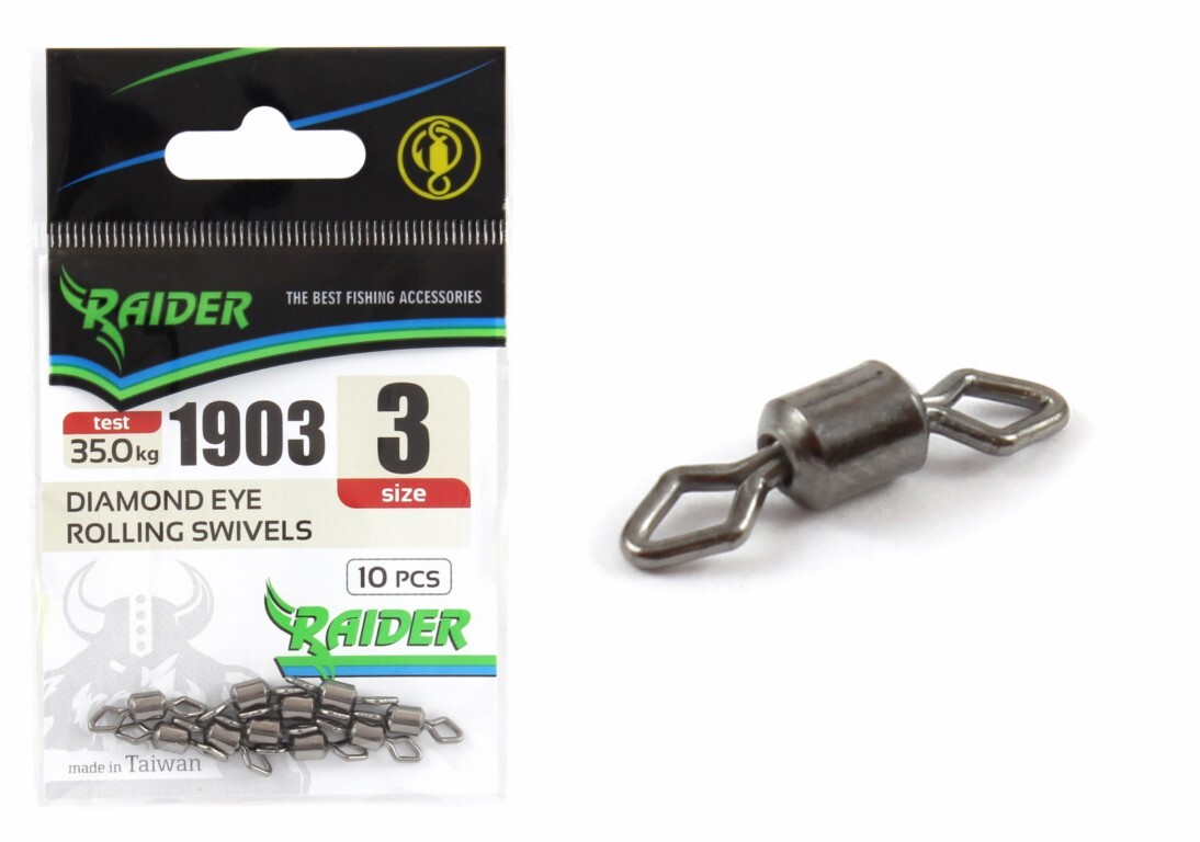 

Вертлюг RAIDER DIAMOND EYE ROLLING SWIVELS (уп.10шт) №3 (test 35.0кг), для рыбалки