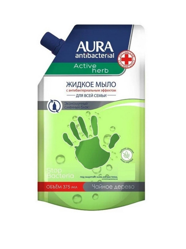 Жидкое мыло Aura с антибактериальным эффектом Active Herb Чайное дерево дой-пак 375мл