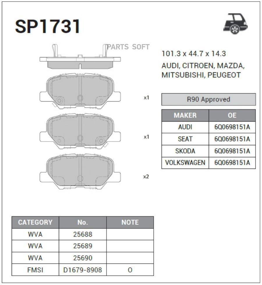 

Тормозные колодки Sangsin brake задние дисковые SP1731, SP1731