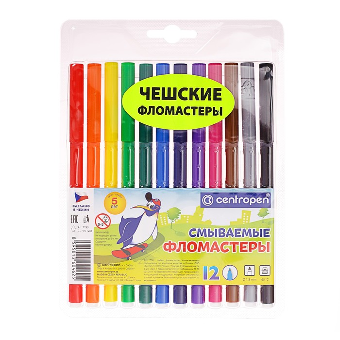 

Фломастеры Centropen Washable, 12 цветов, Разноцветный, Washable