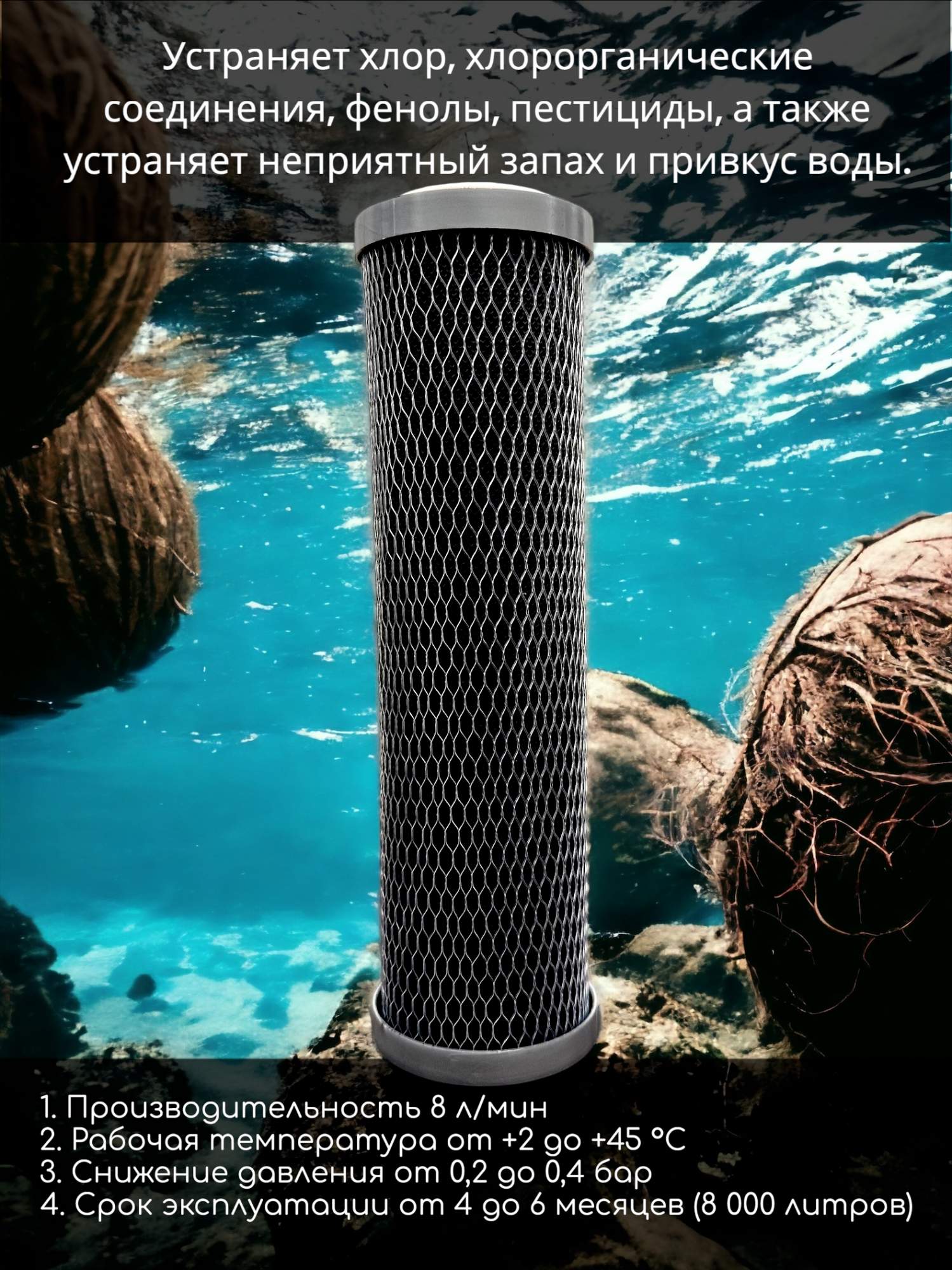 

Картридж из прессованного кокосового угля NASHFILTER BL 10 Slim Line, Черный, Прессованный уголь