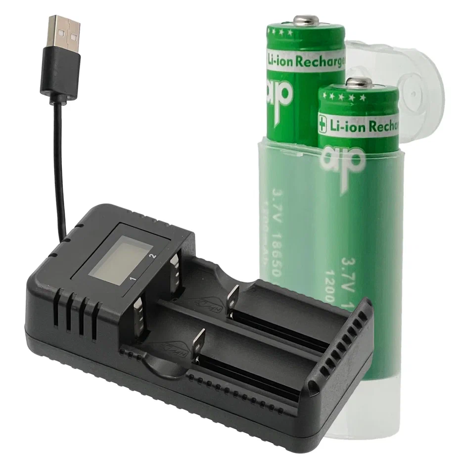 

Аккумуляторные батарейки 18650 с зарядным устройством 1,2А, 2 слота, от USB