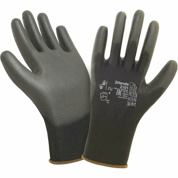 

2Hands Перчатки, черный нейлон/черный PU покрытие ладони и пальцев 2101BLK- 9