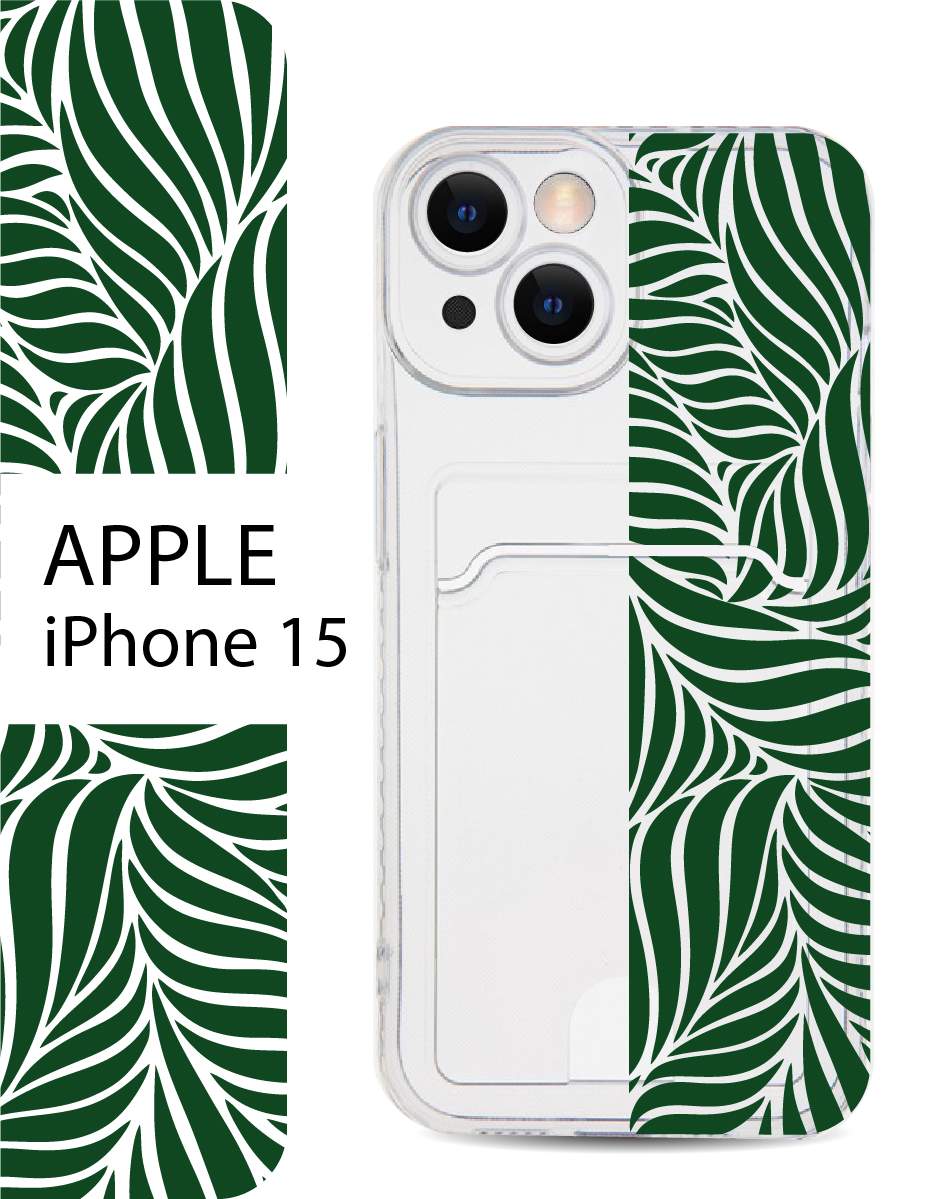 

Чехол на Apple iPhone 15 с карманом для банковской карты и принтом, Зеленый;черный, Apple iPhone 15
