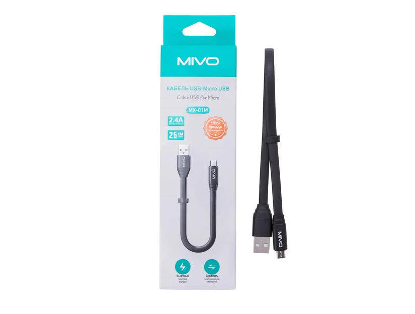 Кабель MIVO MX-01M USB-Micro USB, 25 см, 5 В / 2,4 А быстрая зарядка / зарядное устройство