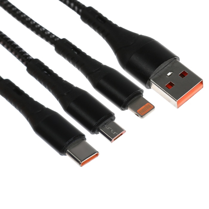 

Кабель 3 в 1, MicroUSB/Type-C/Lightning - USB, 3 А, 1.25 метра, чёрный