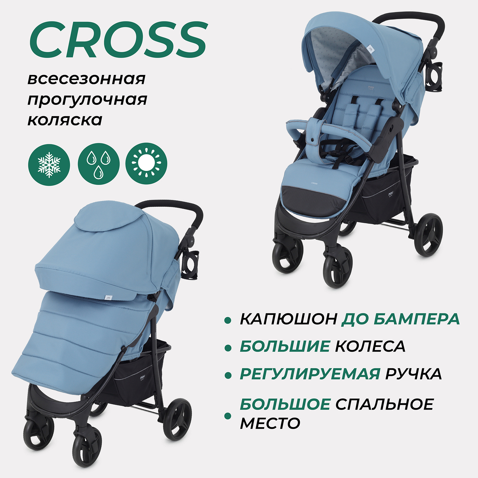 Коляска детская MOWBaby Cross RA080 Blue 2024, 6м+