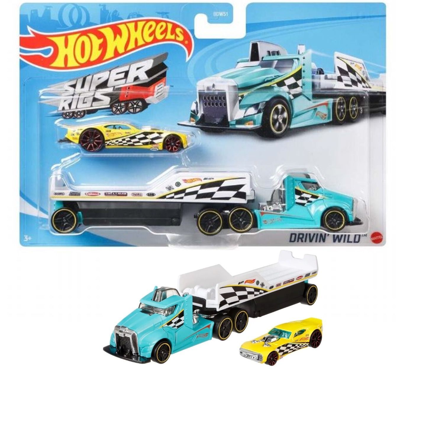 Машинка металлическая Hot Wheels BDW60 Drivin Wild грузовик и машинка 2 шт бирюзовый,  желтый