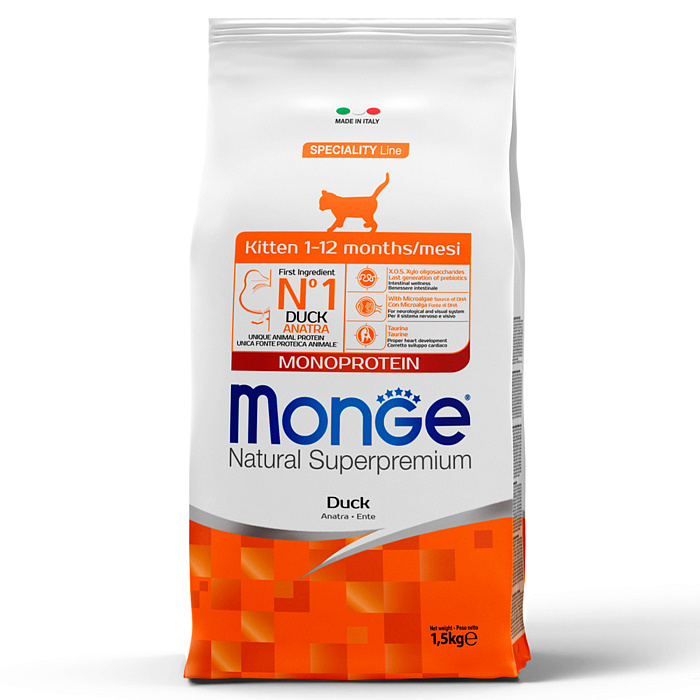 фото Сухой корм для котят и беременных кошек monge cat monoprotein , утка 1,5 кг