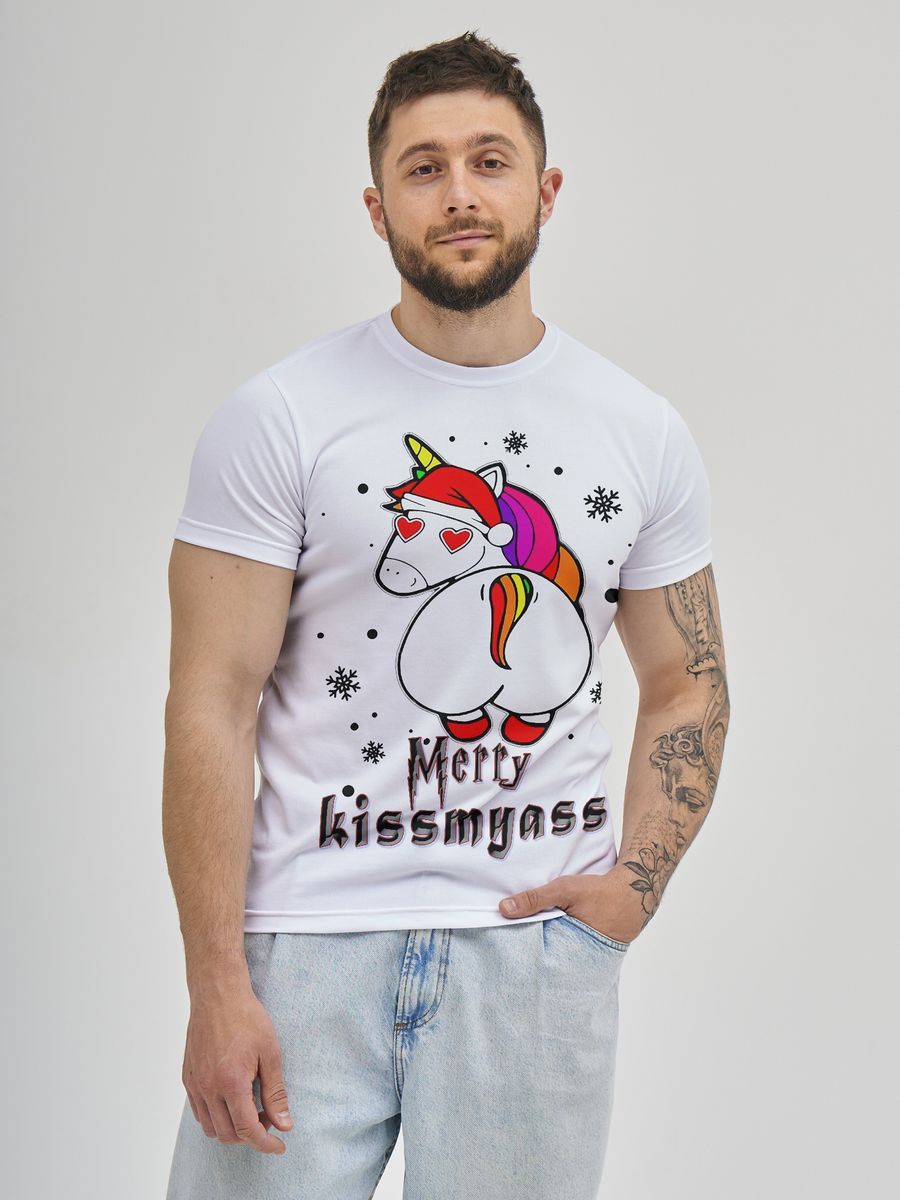 Футболка мужская Единорог Merry kissmyass белая 4XL