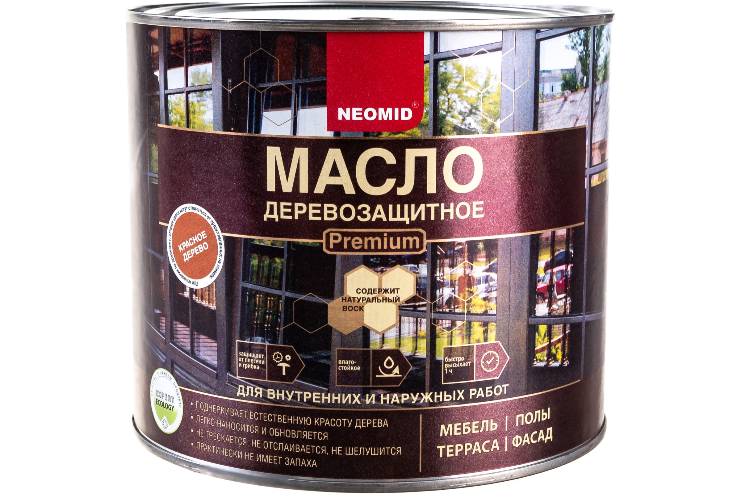 фото Масло neomid premium деревозащитное, с натуральным воском, красное дерево, 2 л