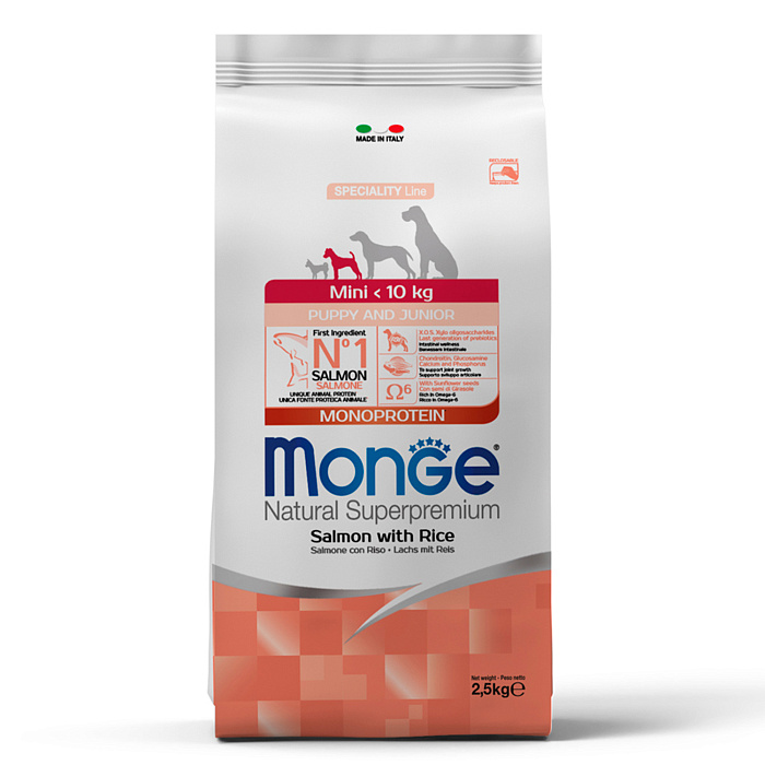 

Сухой корм для щенков Monge Dog Monoprotein лосось, рис, для мелких пород, 2,5 кг
