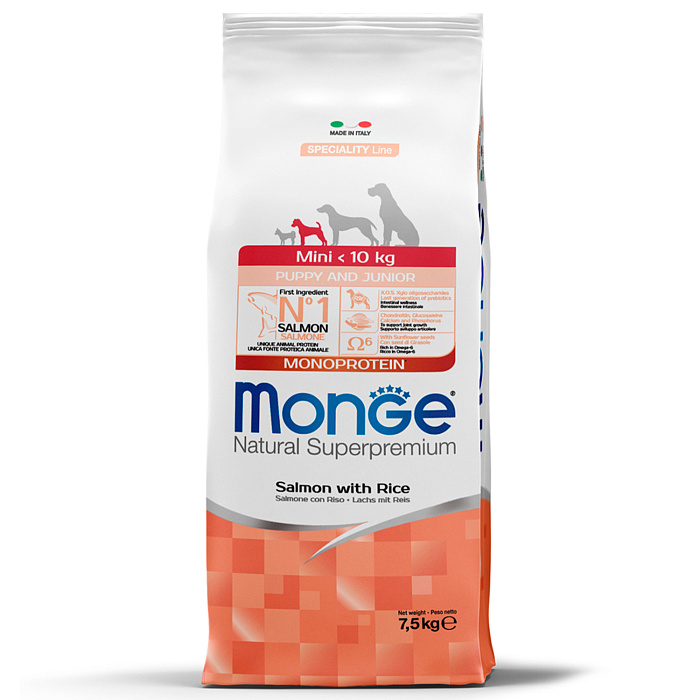 фото Сухой корм для щенков monge dog monoprotein лосось, рис, для мелких пород, 7,5 кг