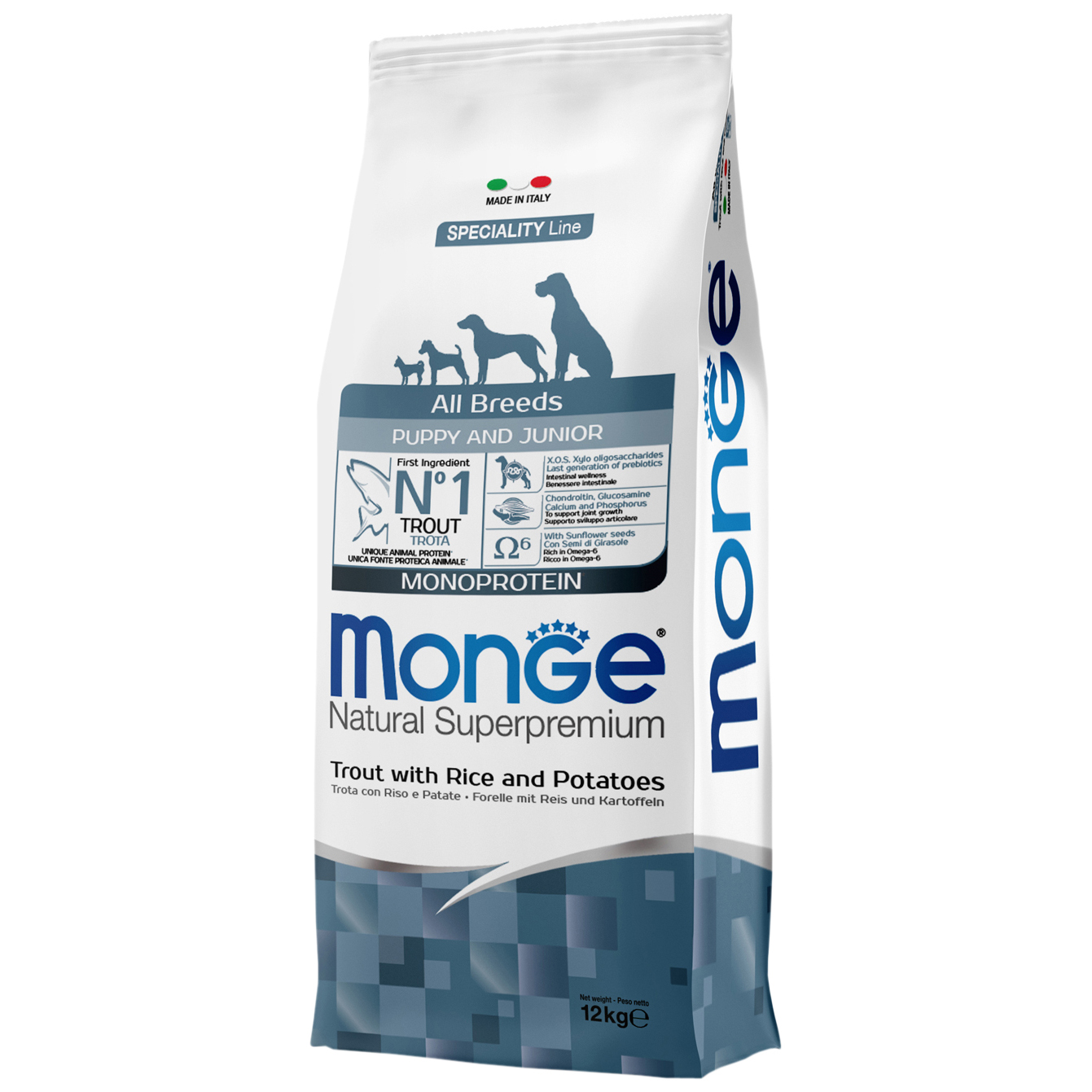 

Сухой корм для щенков Monge Dog Monoprotein форель, рис и картофель, 12 кг