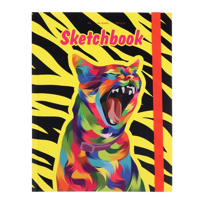 фото Скетчбук а5, 40 листов яркий кот, твёрдая обложка, резинка, матовая ламинация, тонированны миленд