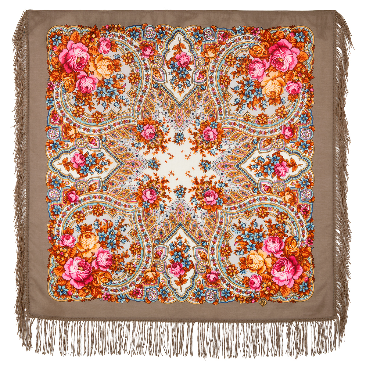 Платок женский Павловопосадский платок 1706 коричневый/оранжевый/розовый, 89х89 см