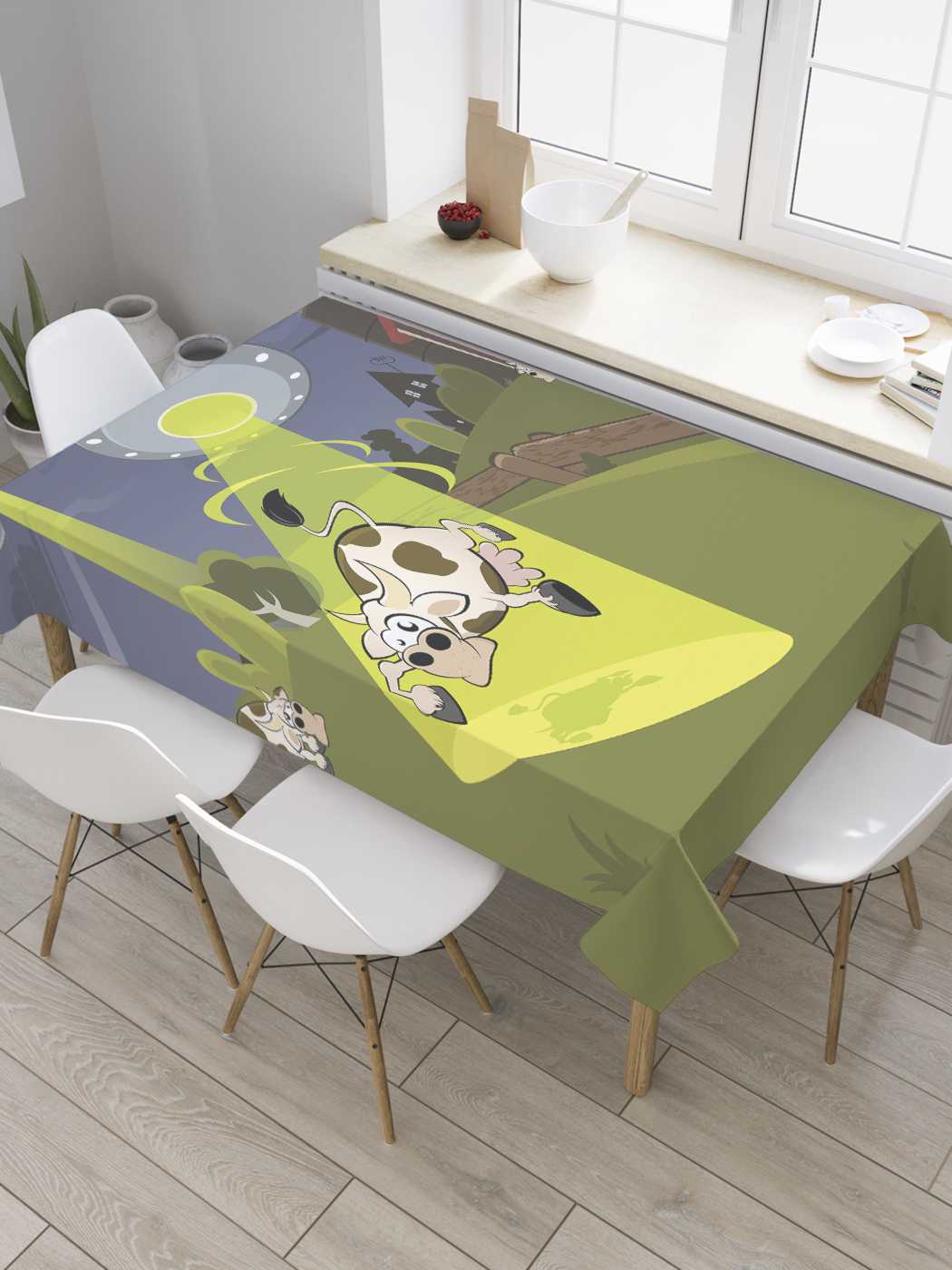 

Скатерть прямоугольная JoyArty "НЛО ворует корову" из сатена, 180x145 см, НЛО ворует корову