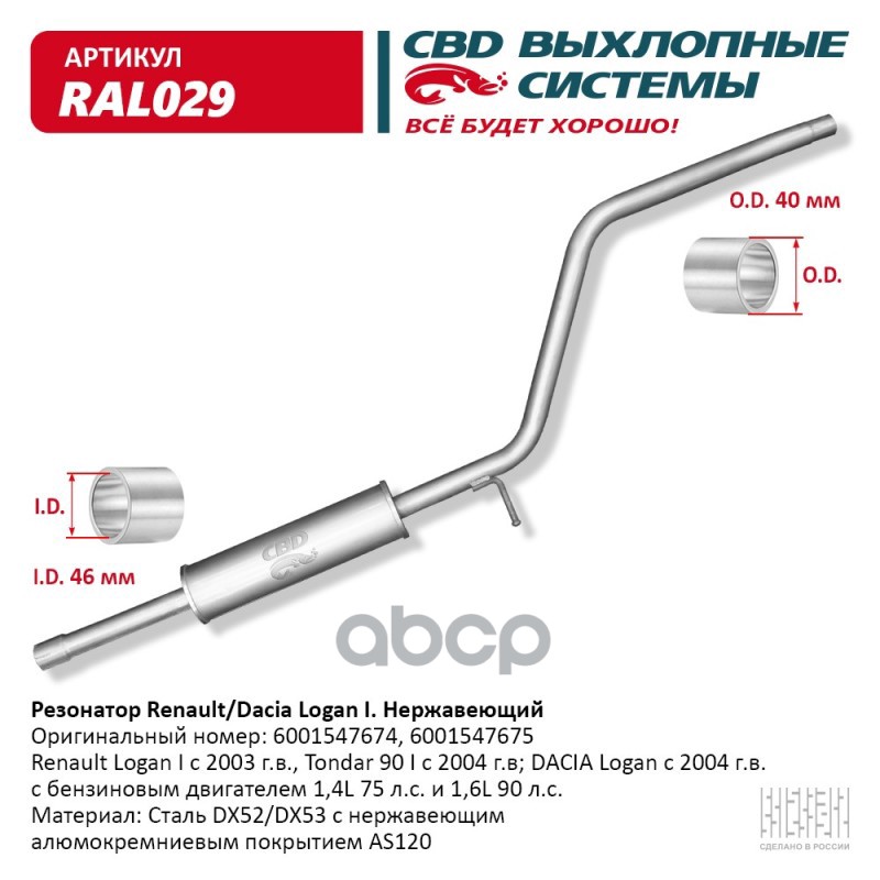 

Резонатор Renault Logansandero, Рено Логансандеро, Нерж. Cталь Cbd. Ral029 -6001547675, 60