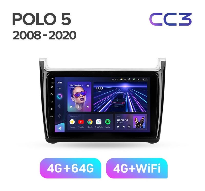 Магнитола TEYES VOLKSWAGEN POLO 5 2008-2020 г черная переходная рамка CC3 464ГБ 3389000₽