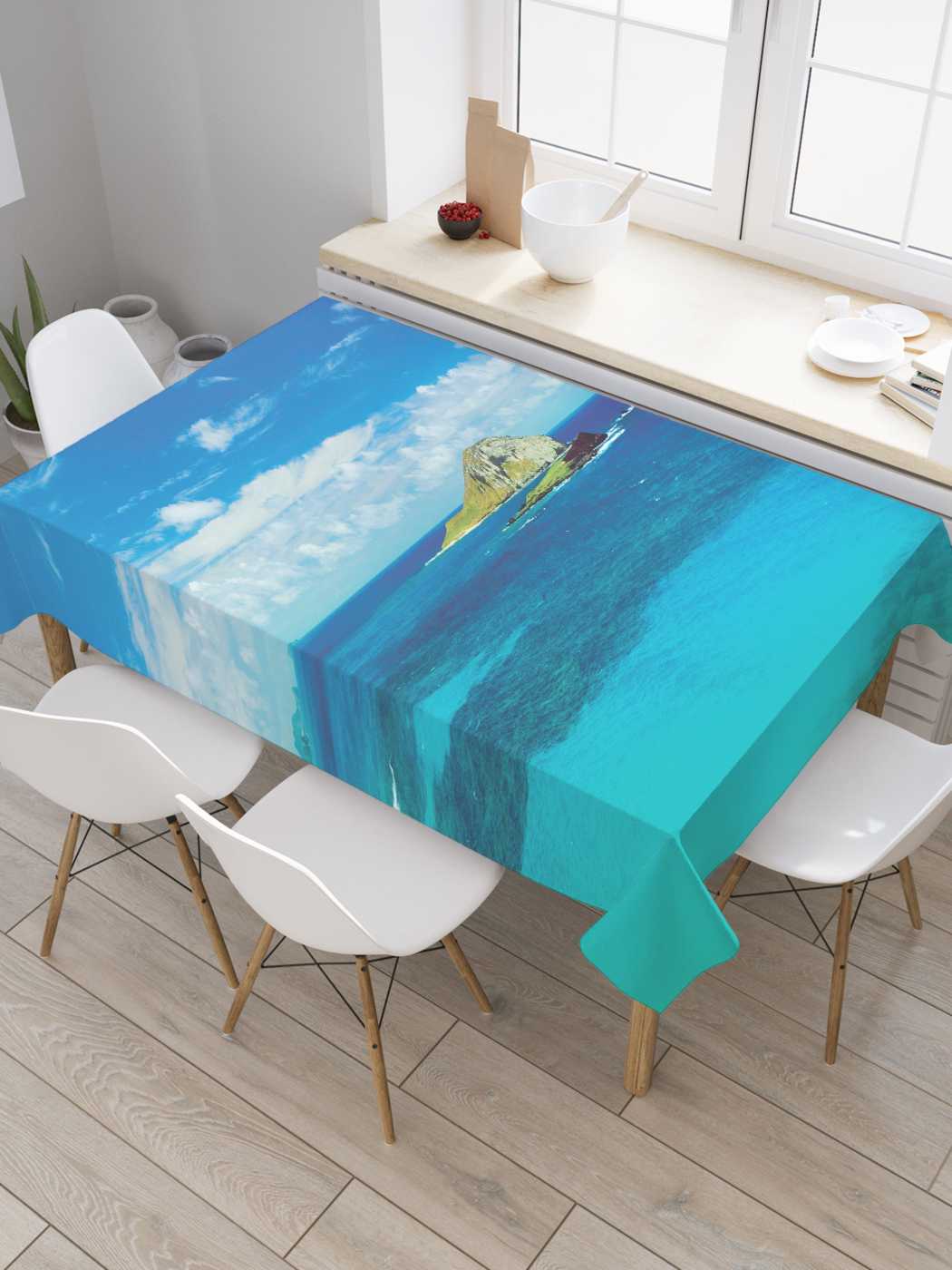 

Скатерть прямоугольная JoyArty "Облачное небо на острове" из сатена, 120x145 см, Голубой, Облачное небо на острове
