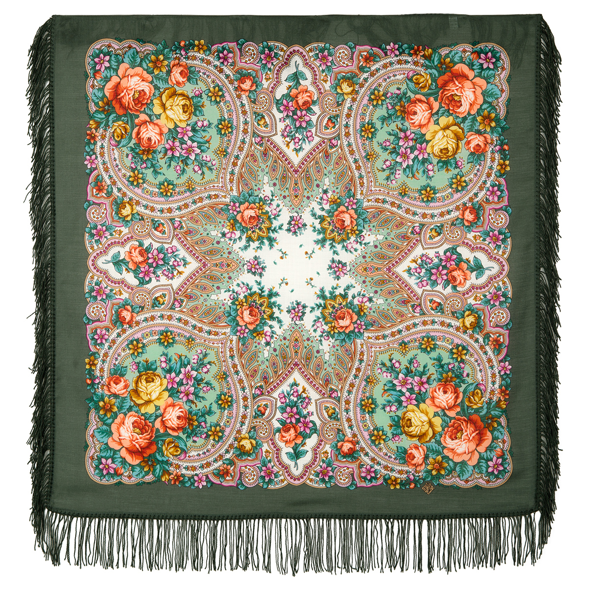 Платок женский Павловопосадский платок 1706 зеленый/оливковый/оранжевый, 89х89 см