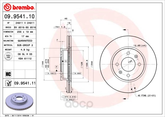 

Тормозной диск brembo передний вентилируемый 256x19 4 отверстия 09954111