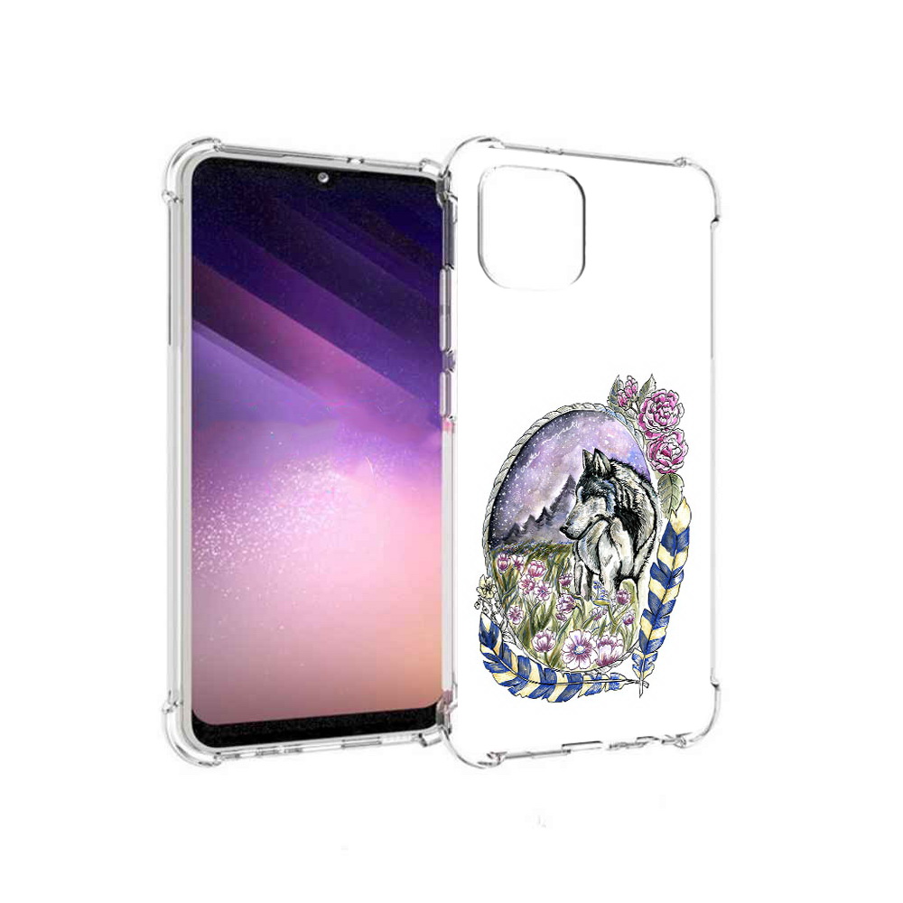 

Чехол MyPads Tocco для Samsung Galaxy A03 нарисованный волк в цветах с перьями, Прозрачный, Tocco