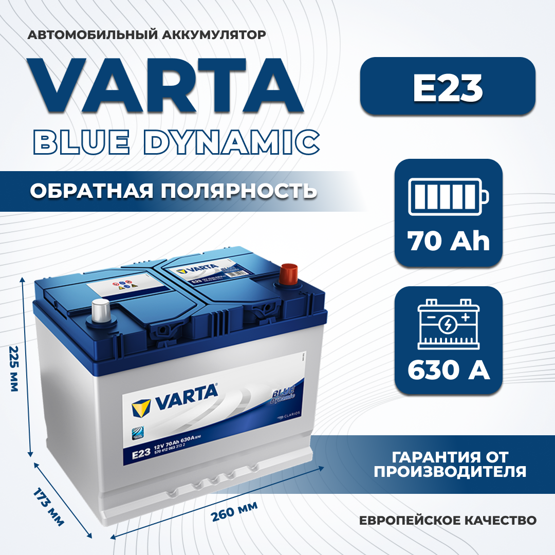 

Аккумулятор автомобильный VARTA Blue Dynamic E23 70Ah ОП 630A 570x412x063 Asia, VARTA 1