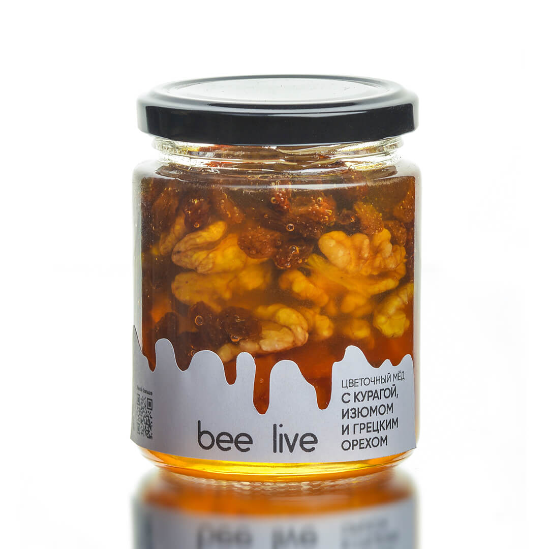 

Цветочный мёд с курагой, изюмом и грецкими орехами Bee live, 250 мл, Курага-изюм-грецкий