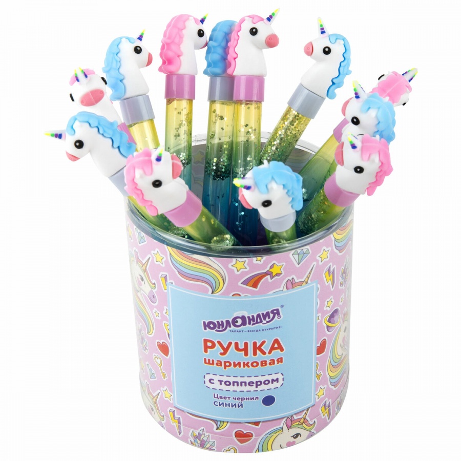 

Ручка шариковая Юнландия Единорог 0.7мм, синяя, с топпером и блестками 12шт. 143791
