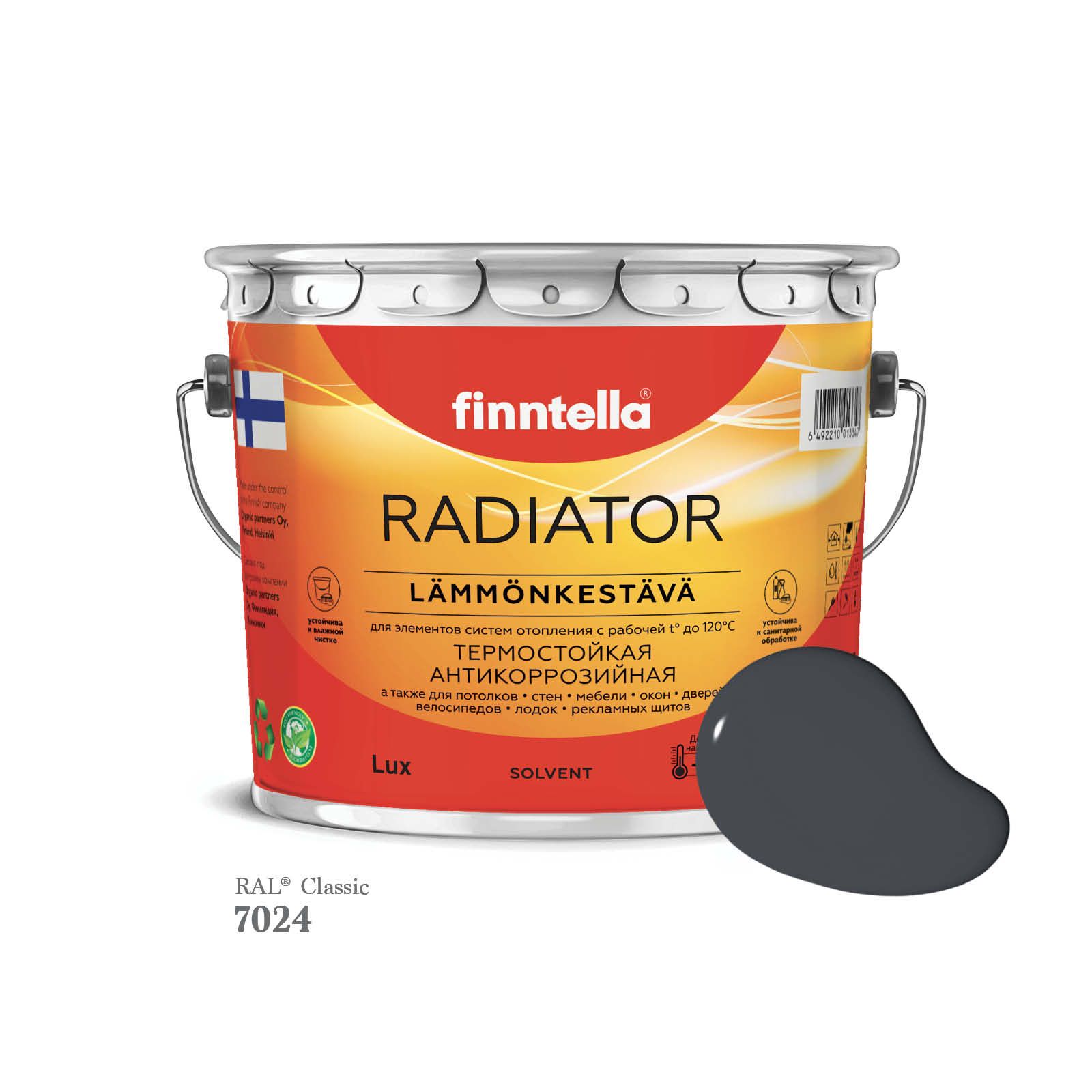 

Краска для радиаторов быстросохнущая финская эмаль FINNTELLA RADIATOR, цвет RAL7024 , 2,7л, Серый, RADIATOR RAL