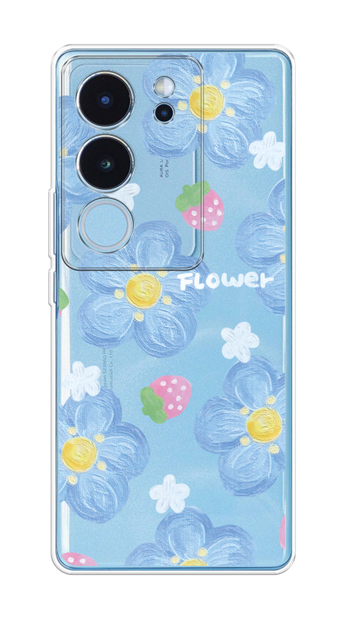 

Чехол на Vivo V29 5G "Цветы и клубники", Прозрачный;голубой;белый, 269350-1