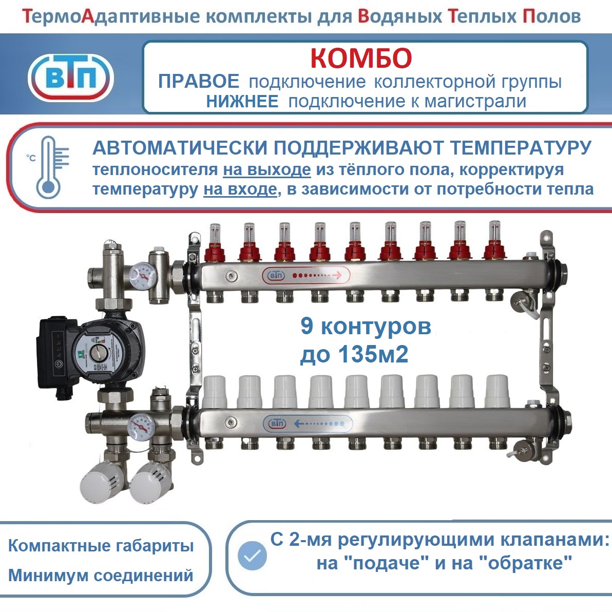 Термоадаптивный комплект теплого пола на 9 конт коллектор справа +част насос ВТП Комбо-П