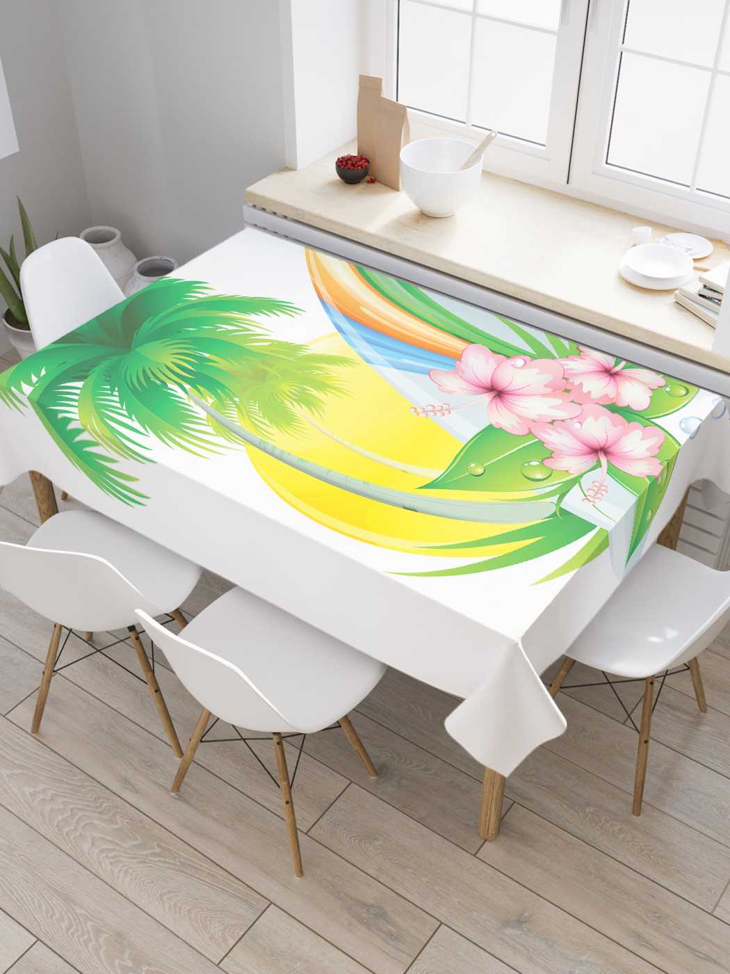 

Скатерть прямоугольная JoyArty "Цветы под пальмой" из сатена, 120x145 см, Желтый, Цветы под пальмой