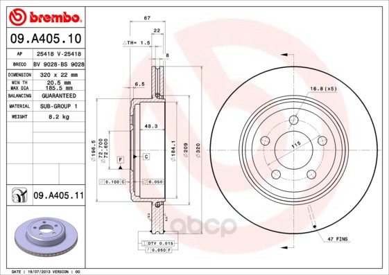 

Тормозной диск brembo задний для Chrysler 300c 2004- d=320 мм. 09A40511