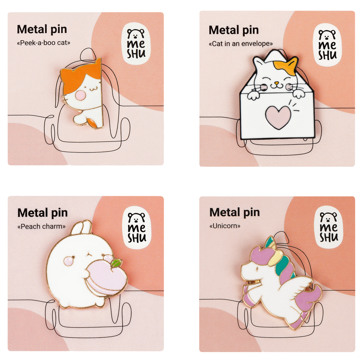 Значки металлические MESHU Cute animals, эмаль, 4шт