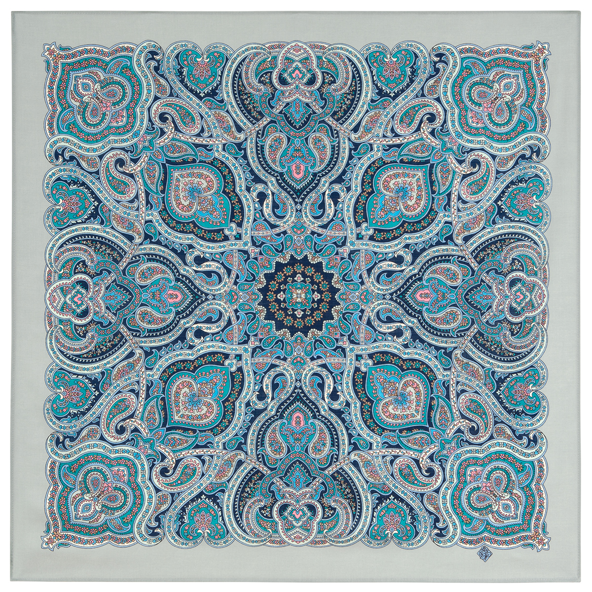 Платок женский Павловопосадский платок 1949 серо-голубой/синий/розовый/бирюзовый, 89х89 см