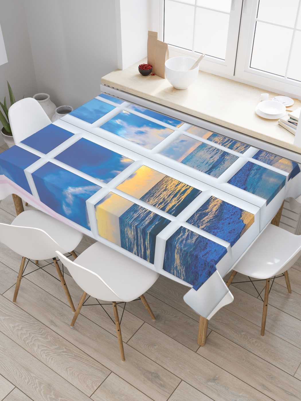 

Скатерть прямоугольная JoyArty "Окно в океан" из сатена, 120x145 см, Белый, Окно в океан