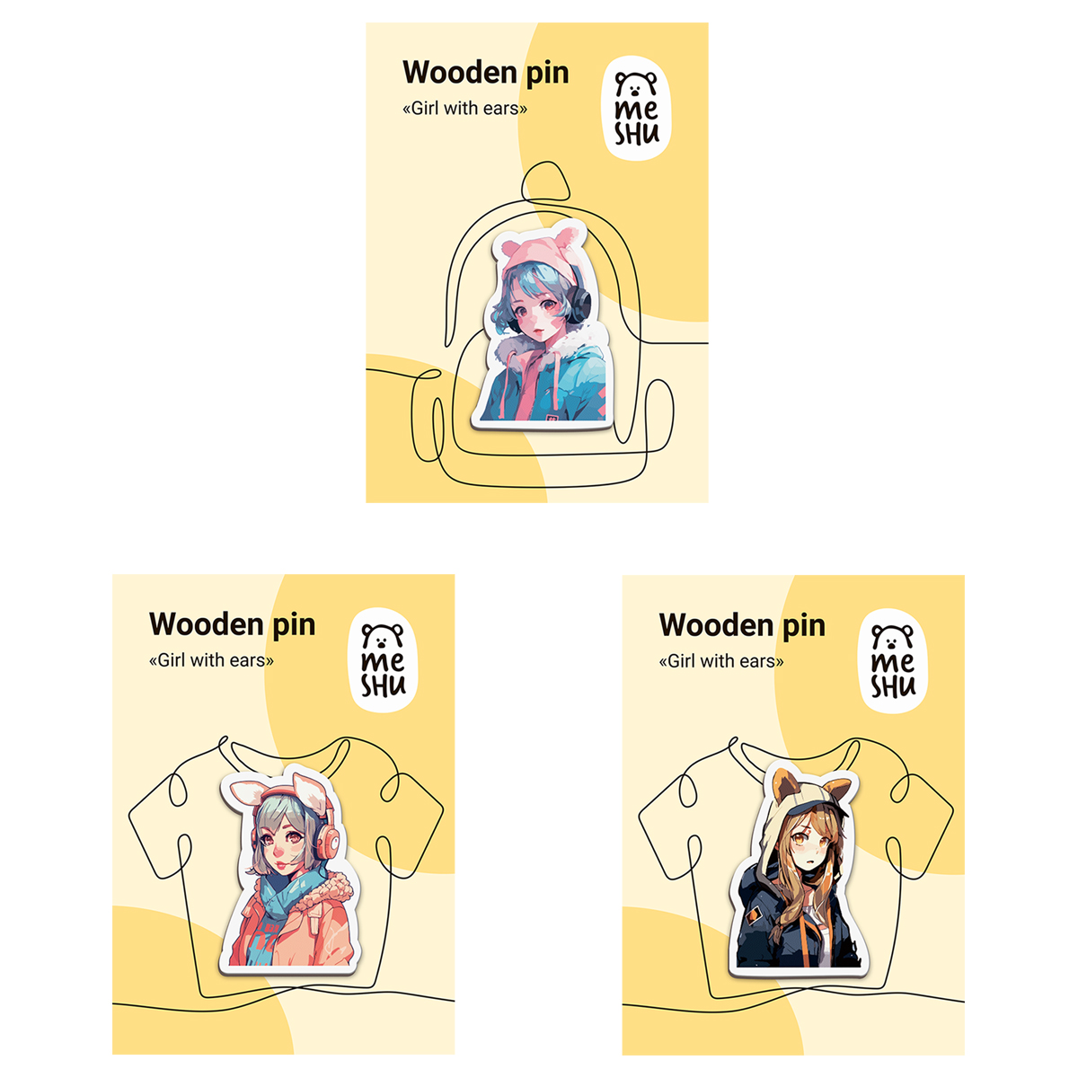 

Деревянные значки MESHU Girls with ears, каширование, 3шт.