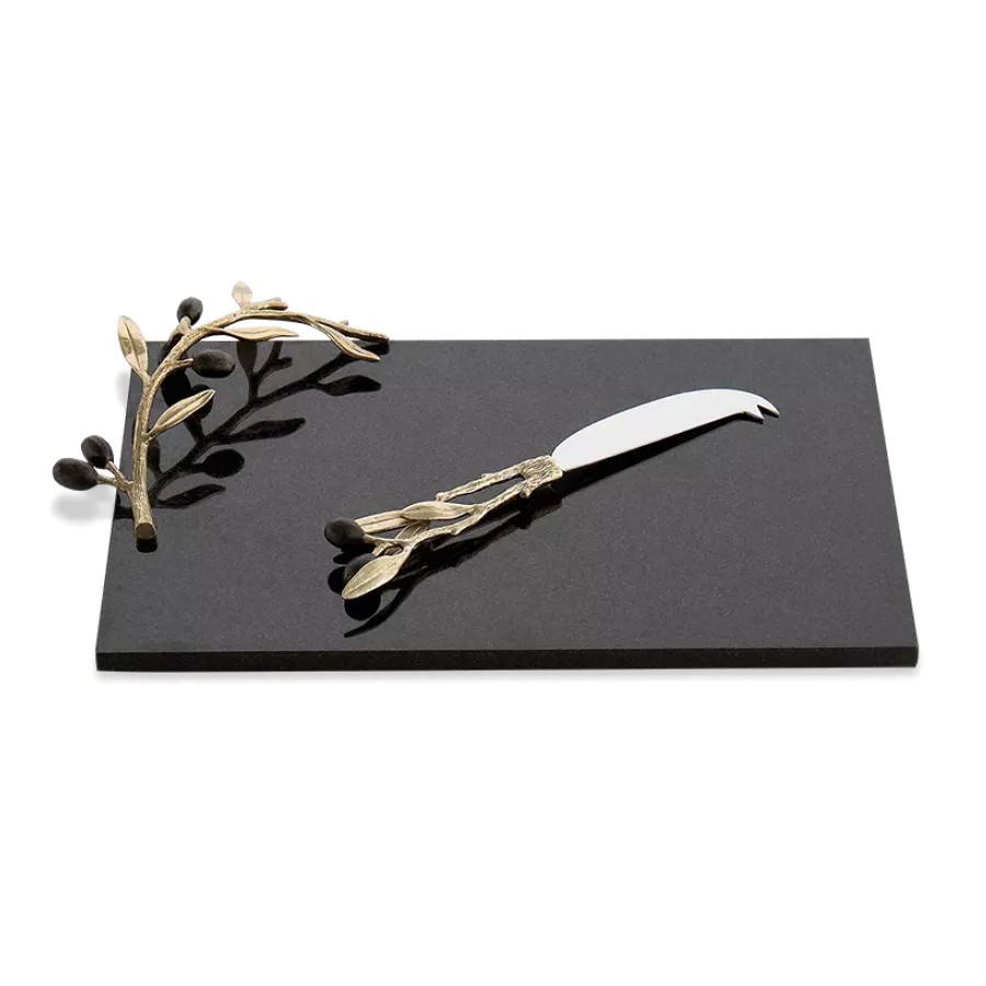фото Доска сервировочная michael aram золотая оливковая ветвь с ножом гранит 32 см