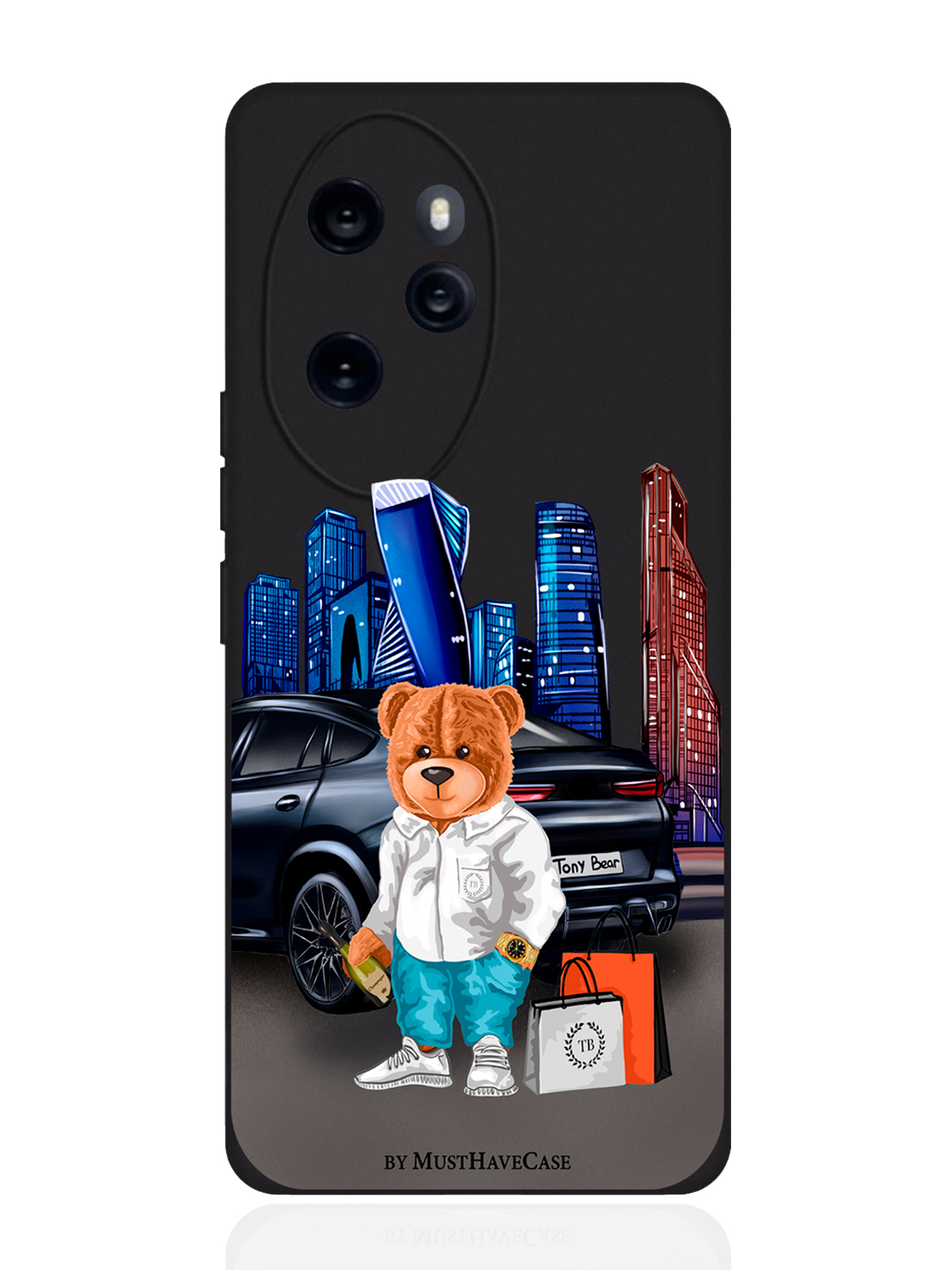

Чехол для смартфона Honor 100 Pro черный силиконовый Tony Moscow city, Черный;золотистый