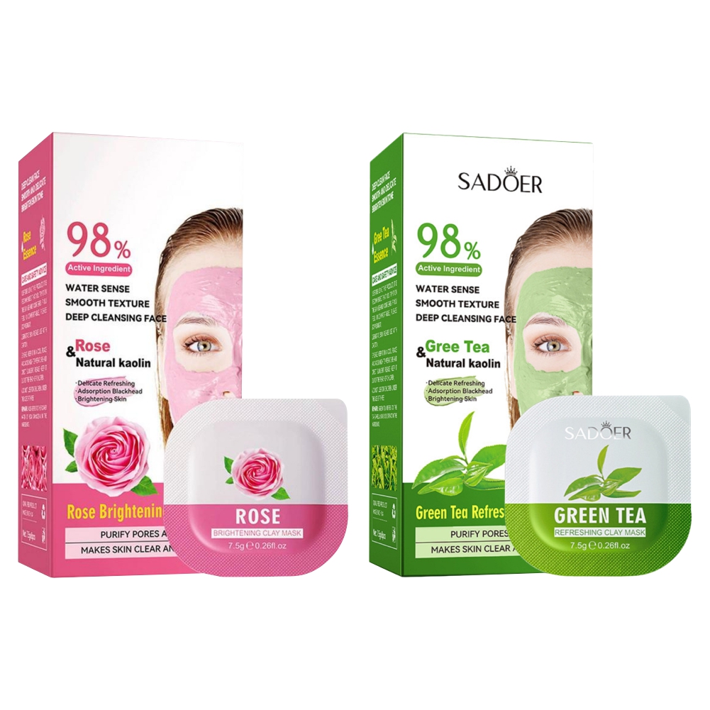 Набор Глиняных масок для лица Sadoer с розой и каолином и с зеленым чаем 7,5г 2шт