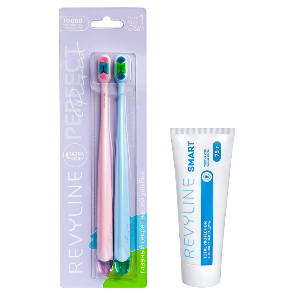 Набор Revyline Зубная щетка Perfect 10 000 DUO, Pink, Light Blue, Зубная паста Smart, 75 г