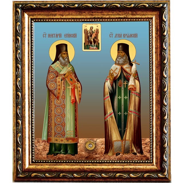

Икона Святителей Нектария Эгинского и Луки Крымского с иконой "Всецарица" с мощевиком.