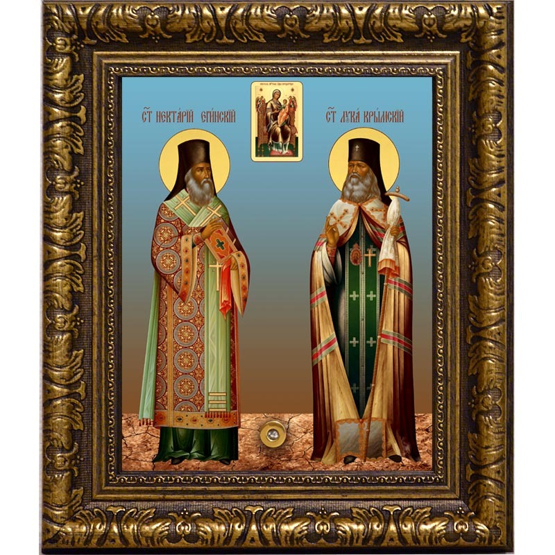 

Икона Святителей Нектария Эгинского и Луки Крымского с иконой "Всецарица" с мощевиком.