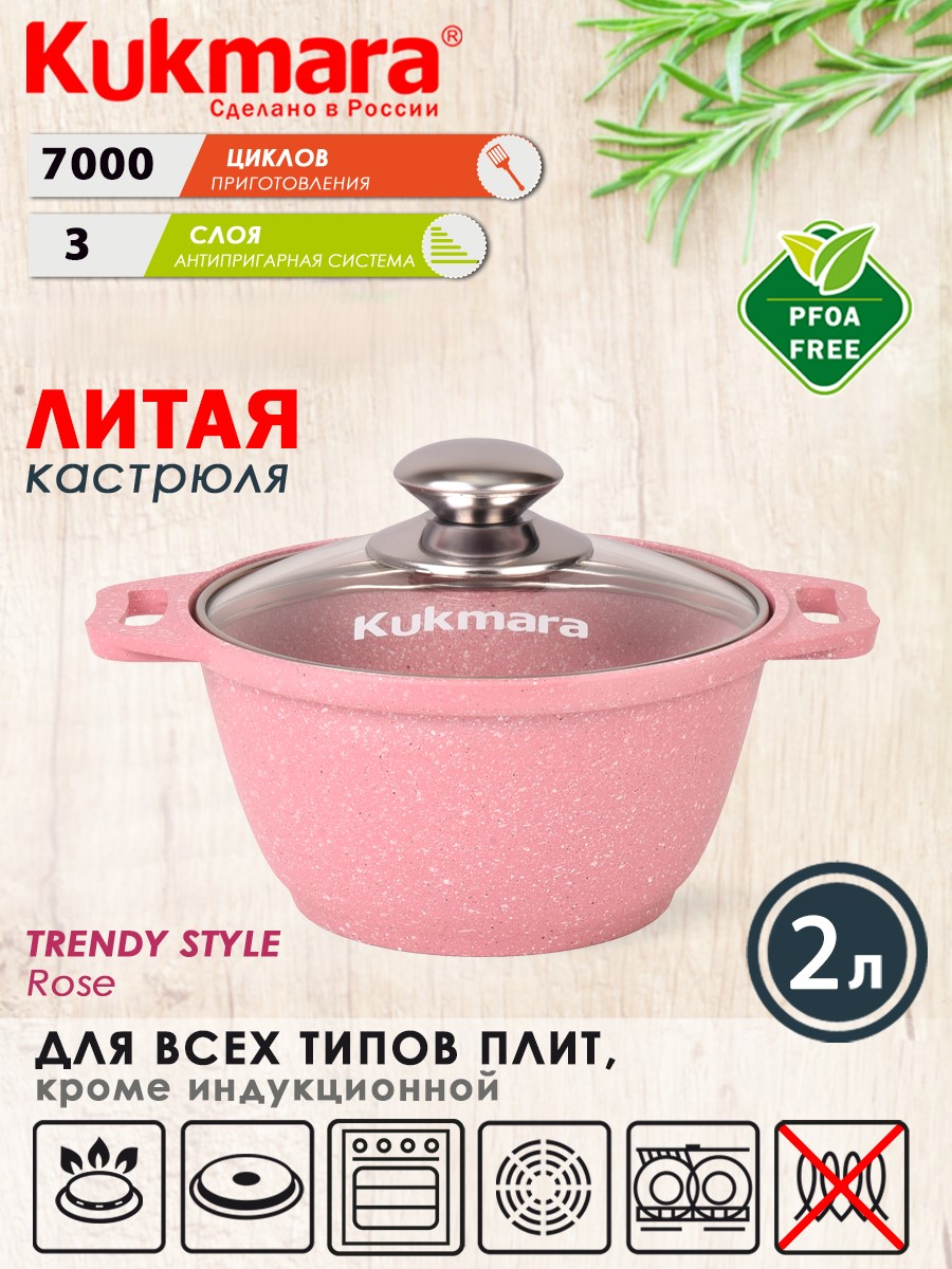 Кастрюля литая 2,0л стеклянная крышка Trendy style rose ТМ KUKMARA