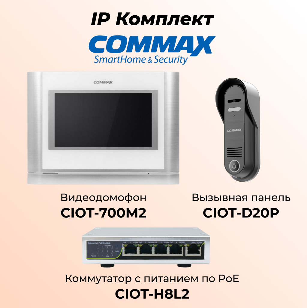 IP комплект видеодомофона, вызывной панели и коммутатора COMMAX CIOT-700M2-D20P-H4L2