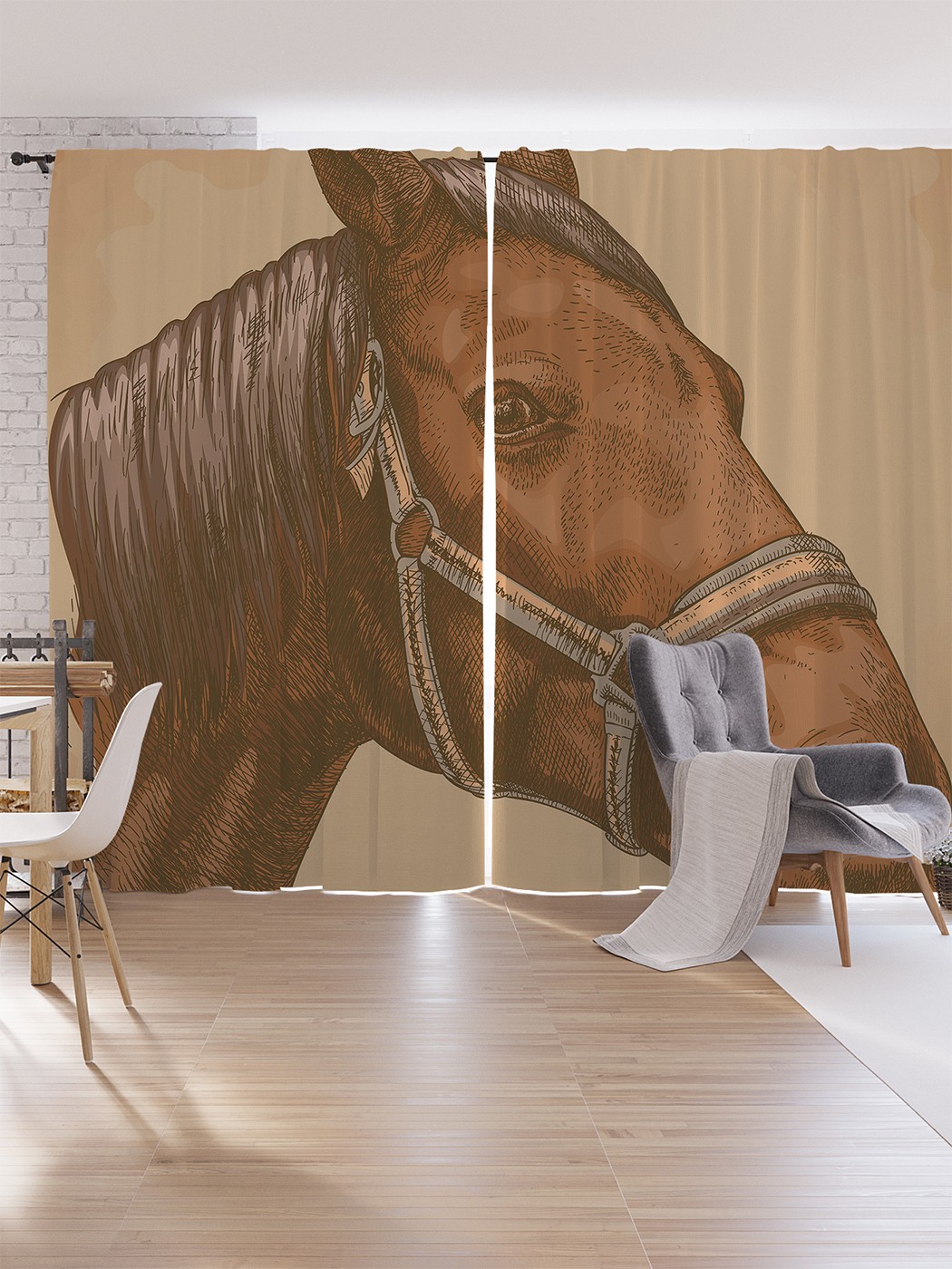 фото Шторы под лён joyarty "портрет лошади", серия oxford delux, 340х265 см